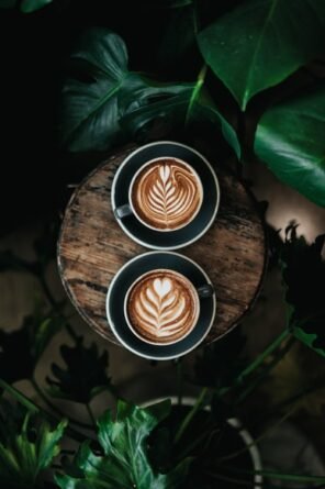 Two cups of coffee on a log with leaves around them